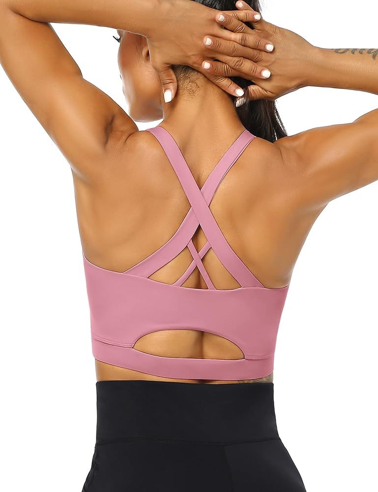 KOJOOIN Womens Strappy Sports Bras Sexy Criss Cross Back Medium Support Padded Fitness Running Yoga  | Amazon (US)