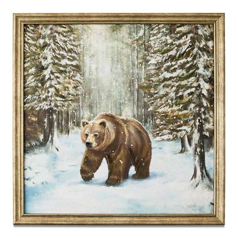 Grizzly Bear in Snowy Forest Framed Traditional Christmas Wall Art, 12" x 12", by Holiday Time - ... | Walmart (US)