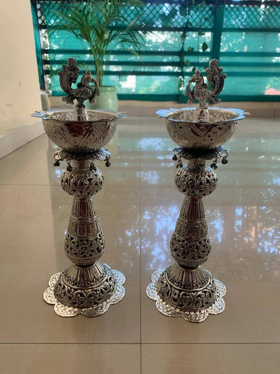 Set of 2 German Silver Peacock Samayee Diyas Diwali Gifts - Etsy | Etsy (US)
