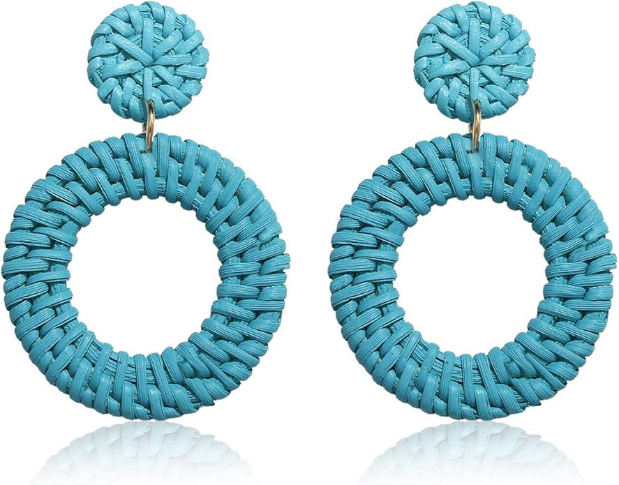 Woven Rattan Earrings Boho Colored Straw Wicker Braid Drop Dangle Earrings Handmade Circle Hoop E... | Amazon (US)