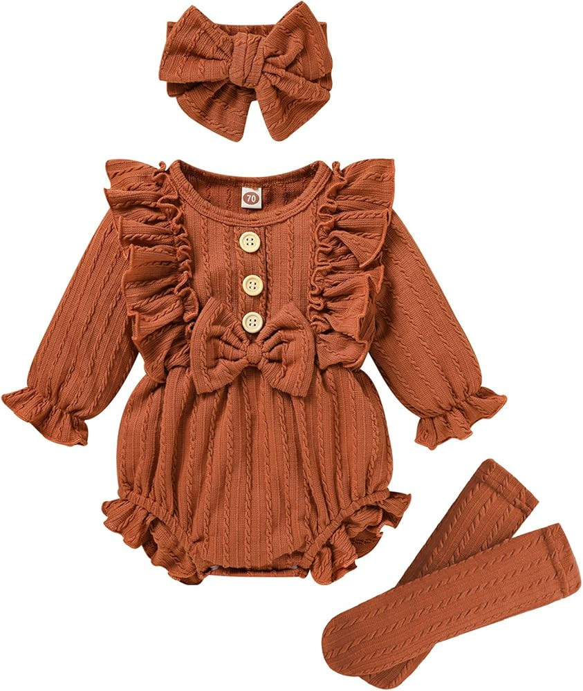 GRNSHTS Newborn Baby Girl Clothes Ruffle Solid Sweater Long Sleeve Romper+Hairband+Socks 3Pcs Fal... | Amazon (US)