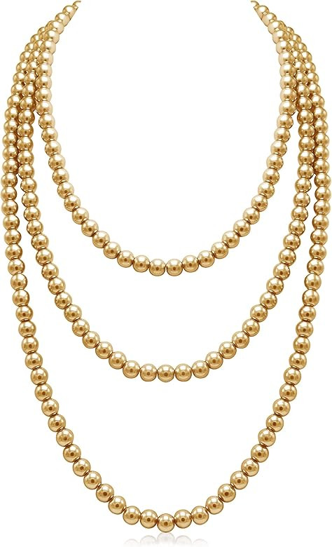 Long Pearl Necklaces for Women Cream White Faux Pearl Strand Layered Necklace Costume Jewelry | Amazon (US)