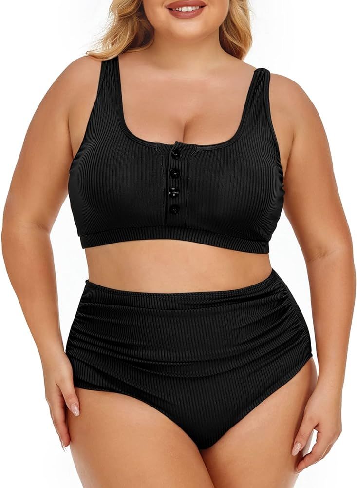 Summer Mae Plus Size Women Ribbed Bikini Set Two Piece High Waist Swimsuit Scoop Top Tummy Contro... | Amazon (US)