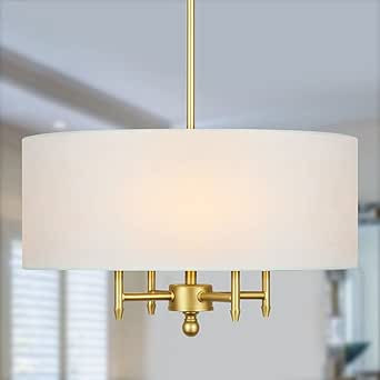 FinExpect 4-Light Chandelier Gold Modern Chandelier with White Linen Drum Shade 17.7" Drum Pendan... | Amazon (US)