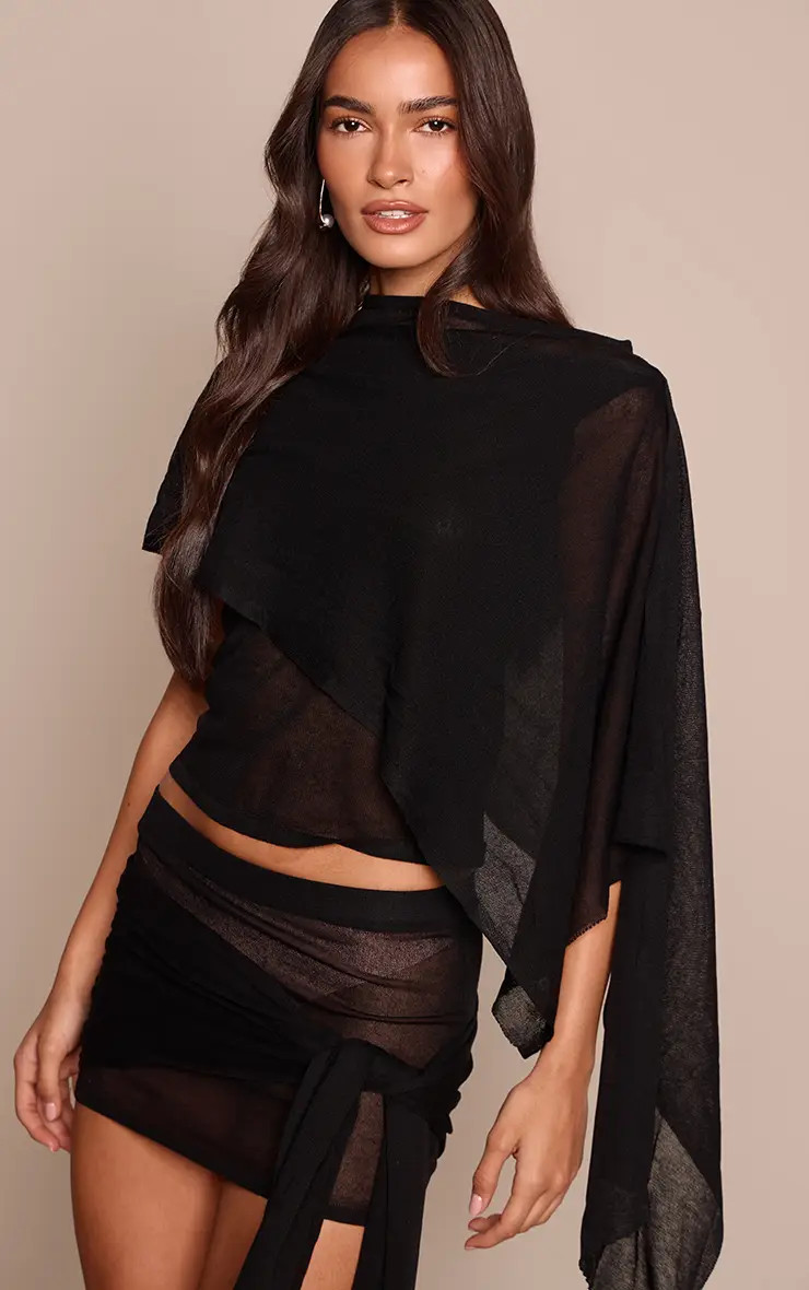 Black Sheer Knit Double Layer Drape Top | PrettyLittleThing US