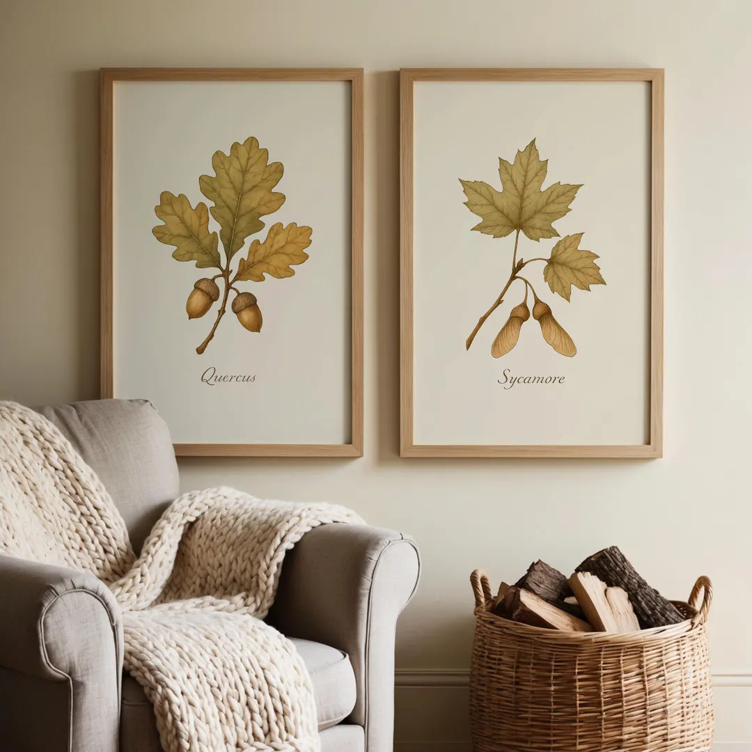 Botanical Wall Art Set of 2 Printable Leaf Prints Fall Nature Decor Oak Sycamore Art Vintage Plan... | Etsy (US)
