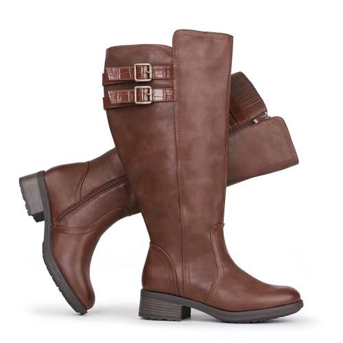 Chicblooms Women's Extra Wide Calf Block Heel Stacked Buckle Hidden Stretch Knee High Boots, Brown PU, 11 M US | Amazon (US)