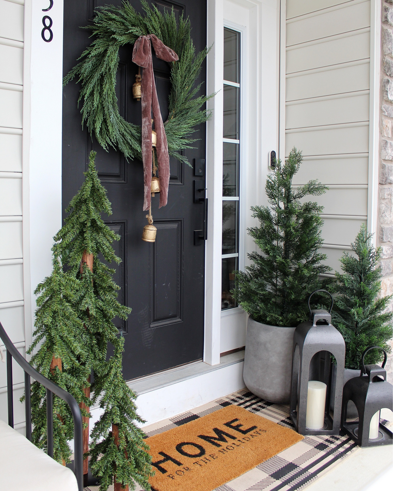 Front porch, door mat, rug, trees, planters, wreath 

#LTKHome #LTKSeasonal #LTKHoliday