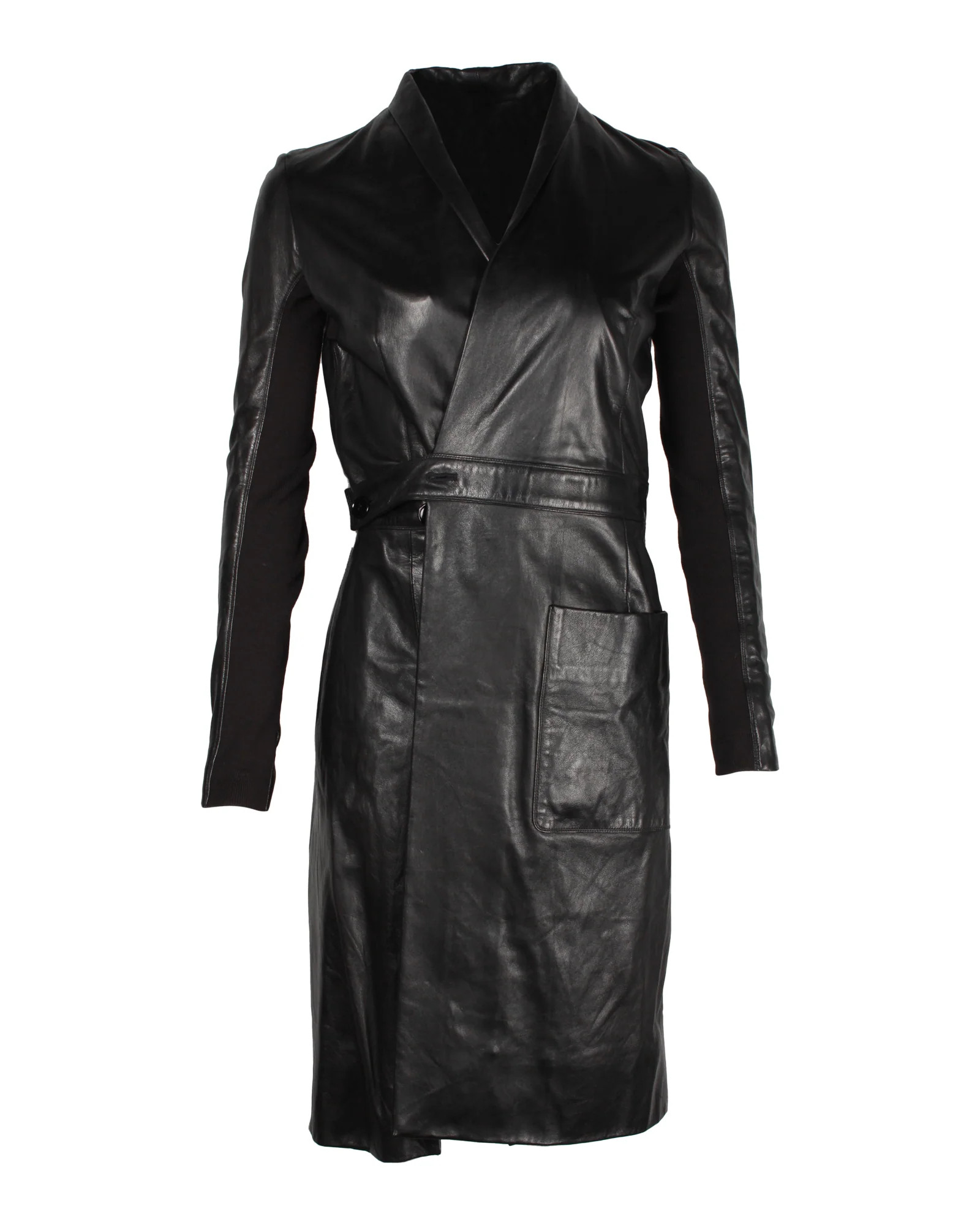Rick Owens Belted Coat in Black Leather | Shop Simon
