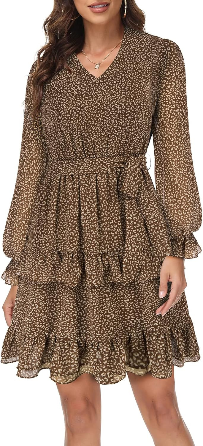 GRACE KARIN Women's Ruffle Tiered Leopard Chiffon Dress V Neck Lantern Long Sleeve Tie Waist A Li... | Amazon (US)