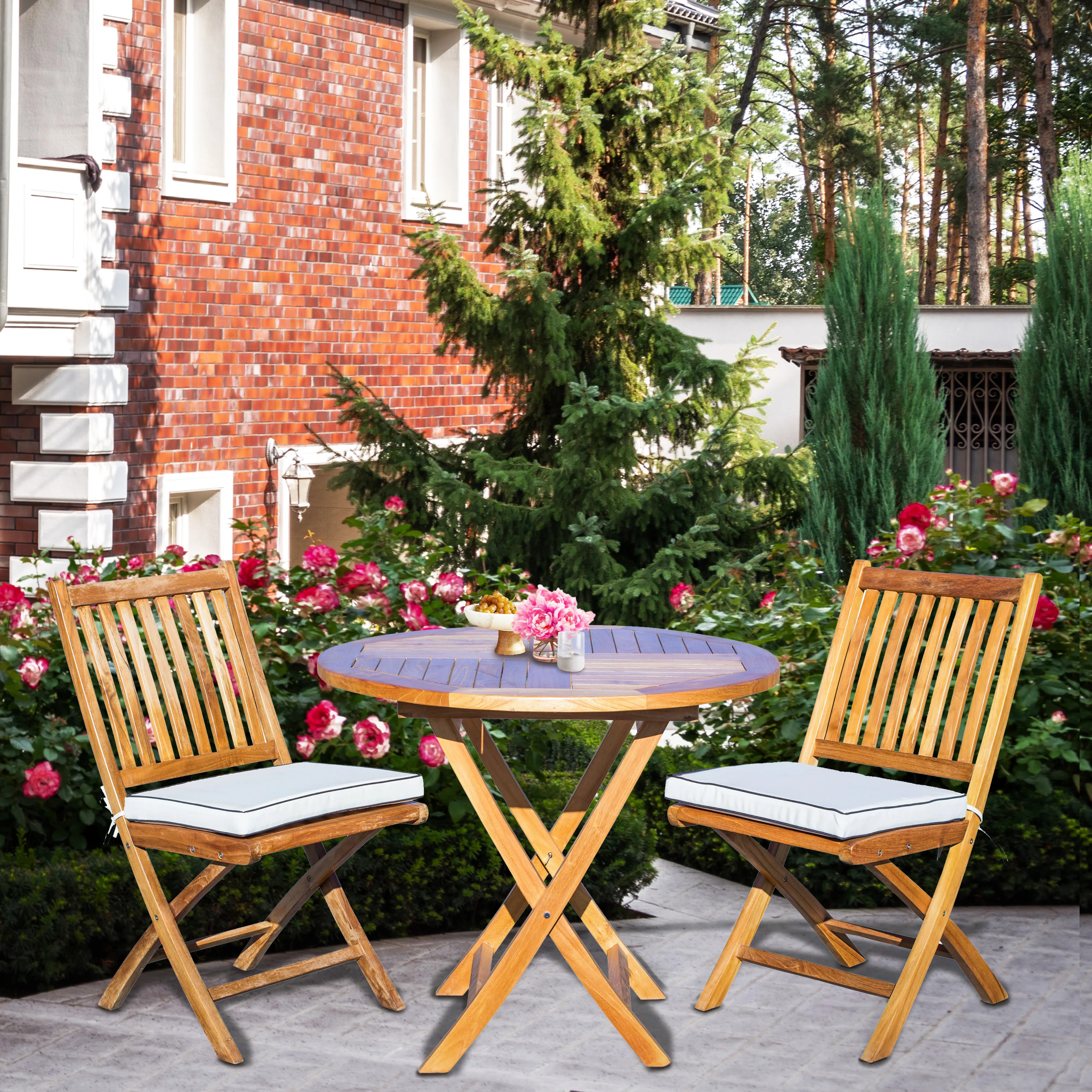 2 - Person Teak Wood Patio Dining Set with Round Table , Cushions Included | Wayfair North America