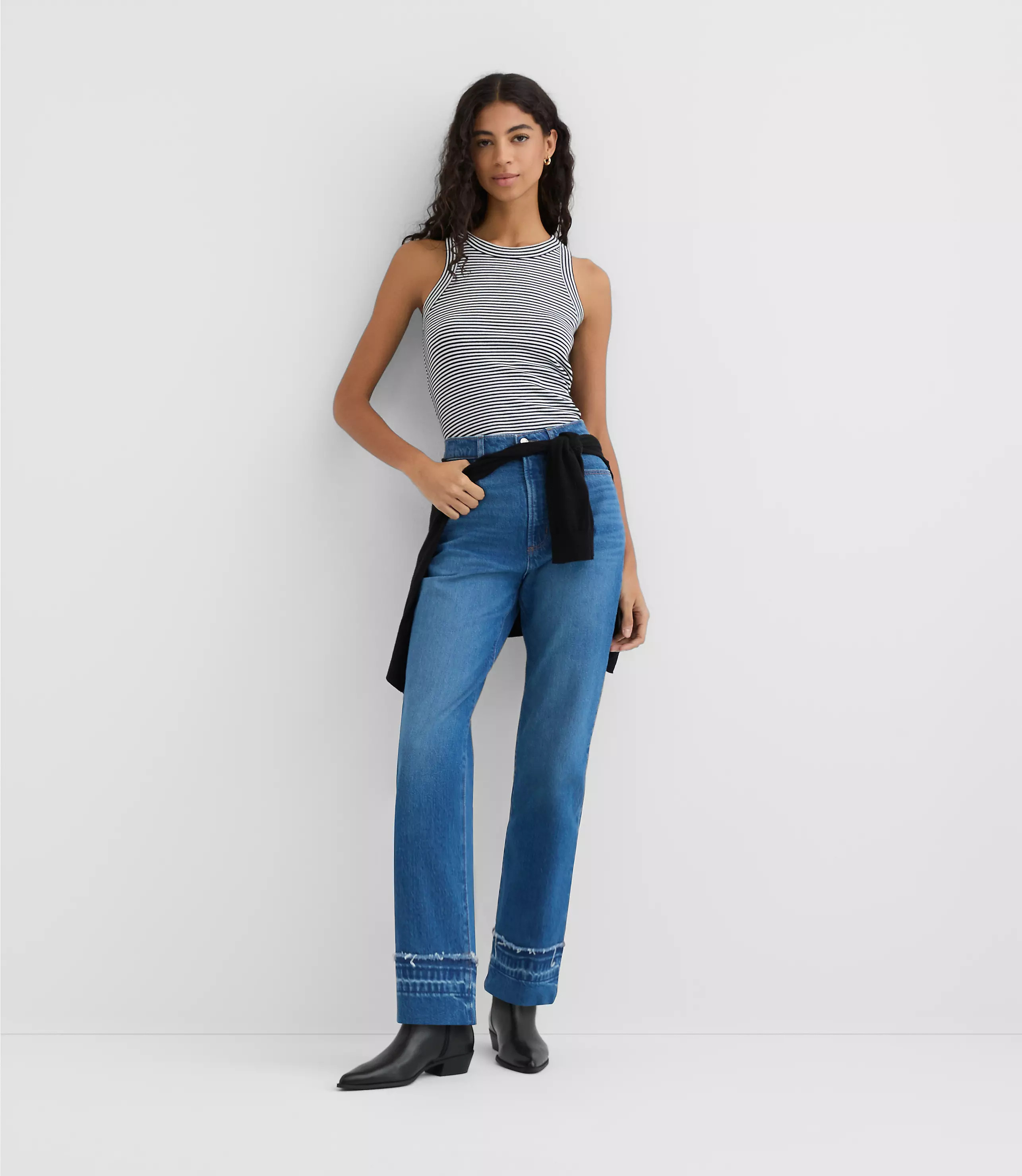 Rivete Unpicked Cuffed High Rise Straight Jeans in Authentic Indigo | LOFT