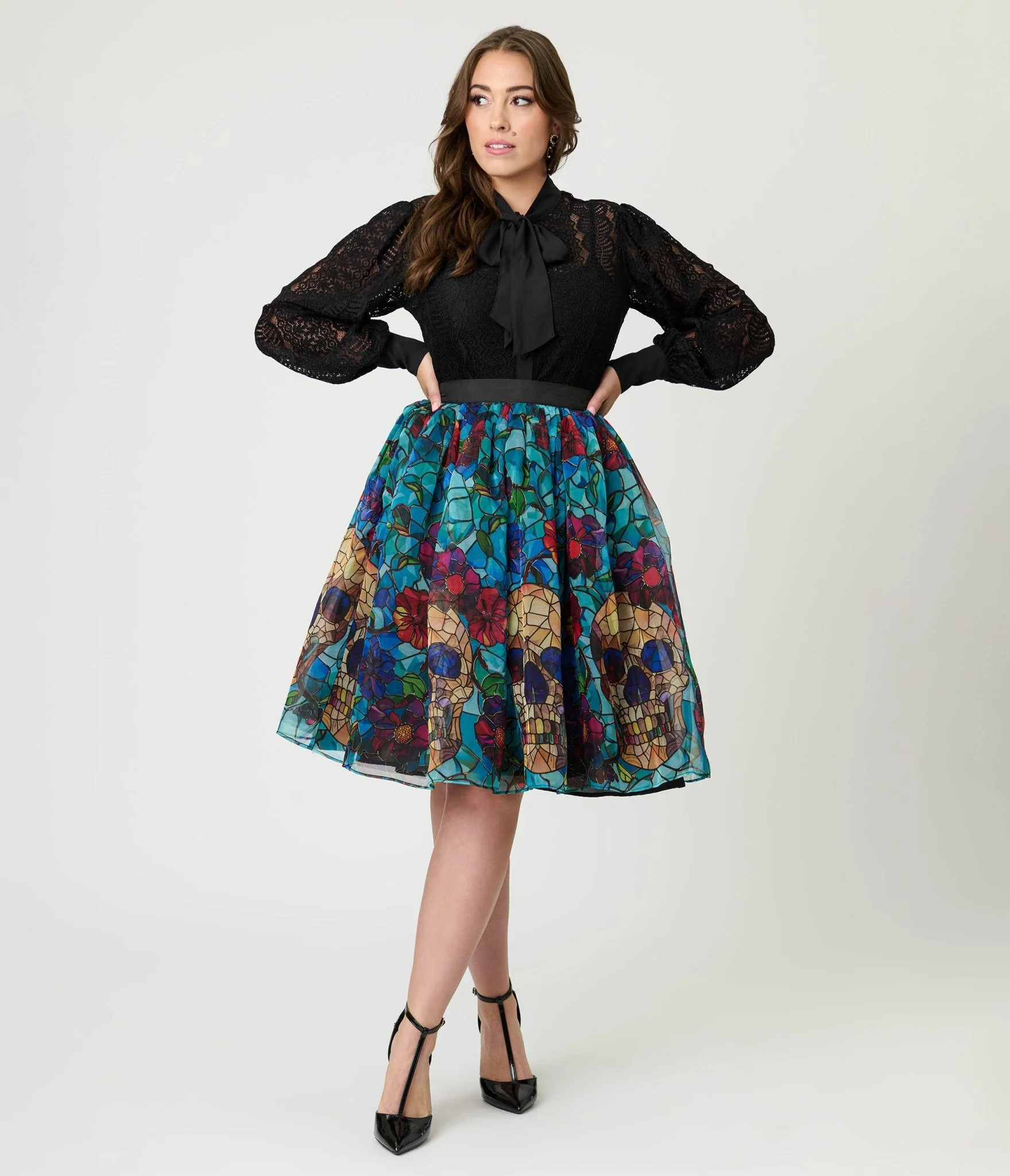 Unique Vintage Stained Glass Skull & Roses Flare Ballerina Skirt | UniqueVintage