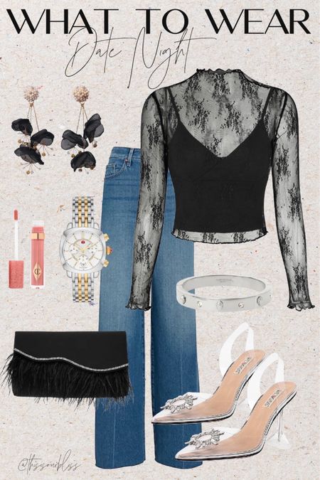 Date night outfit idea 🖤 // Valentine’s Day outfit inspo 🖤 mesh lace top, wide leg jeans and clear crystal studded heels with feather clutch 
Amazon fashion
Date night style 
