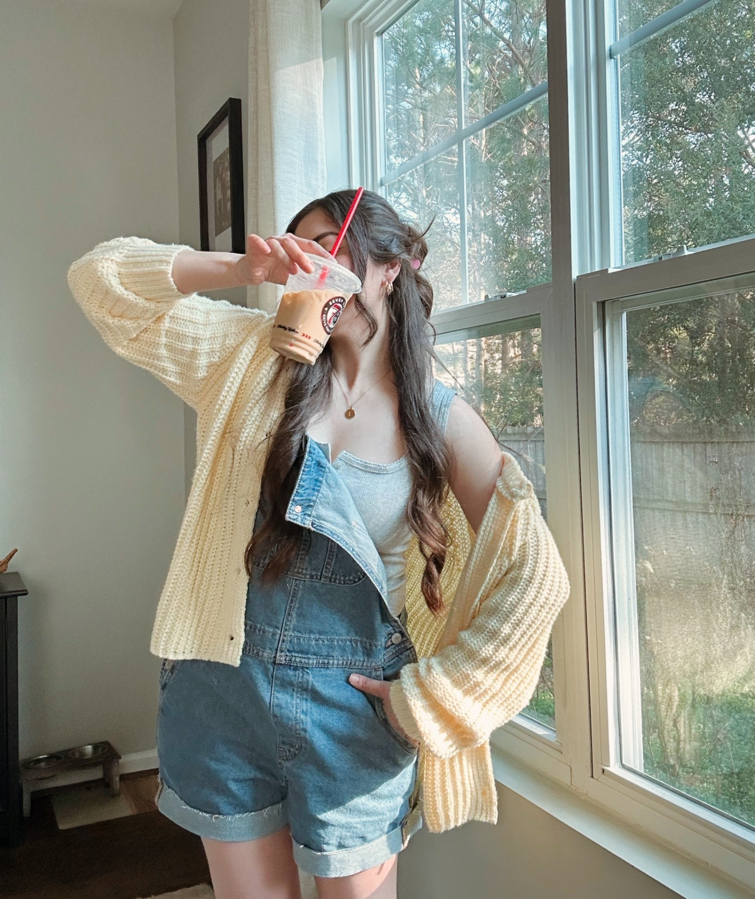 Butter yellow cozy cardigan wearing a medium 
Blue short overalls 


#LTKSeasonal #LTKootd