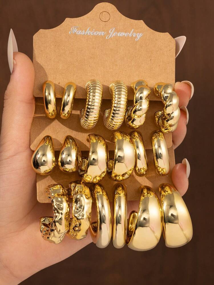 6-18PCS Luxury Gold Thick Twisted C-Shape Teardrop Earring Set, Suitable For Women Fashion Metal Geometric Round Earrings, Personalized Exaggerated CC Earrings Creative Vintage Hoop Earrings Set | SHEIN