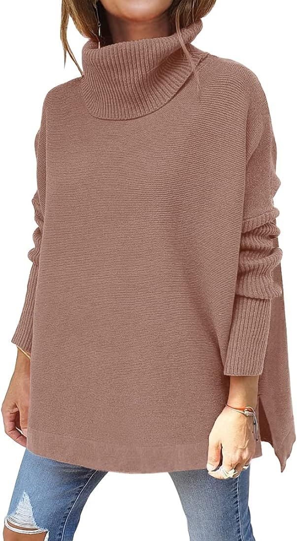 Women's Turtleneck Fall Sweaters Oversized Long Batwing Sleeve Spilt Hem Casual Asymmetric Pullov... | Amazon (US)
