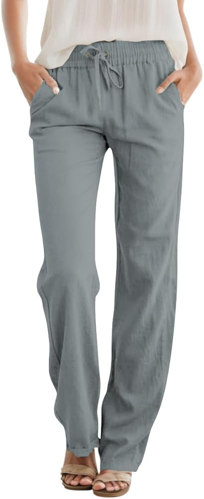 SEMARO Womens Casual Linen High Waist Pants Drawstring Loose Fit Summer Pants Trousers with Side ... | Amazon (US)