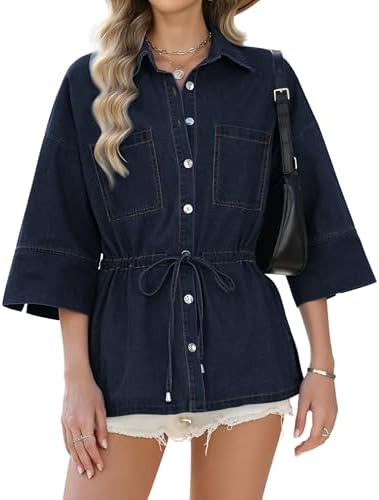Women Denim Shirts Oversized Long Sleeve Button Down Blouse Fall V Neck Casual Top Trendy Drawstr... | Amazon (US)