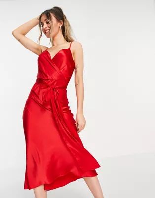 Liquorish satin midi cami dress in red | ASOS (Global)