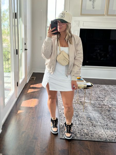 Athleisure dresses are my go to for spring! I’m a size 8, 5’4 150 lbs 36 D cup and athletic build 
I wear a M in dress! But could size up for a looser look! 
M in all jackets 



Abercrombie spring fashion, athletic dress, white dress, lady jacket, oversized jean jacket, sporty fit, casual mom fit, spring style 
