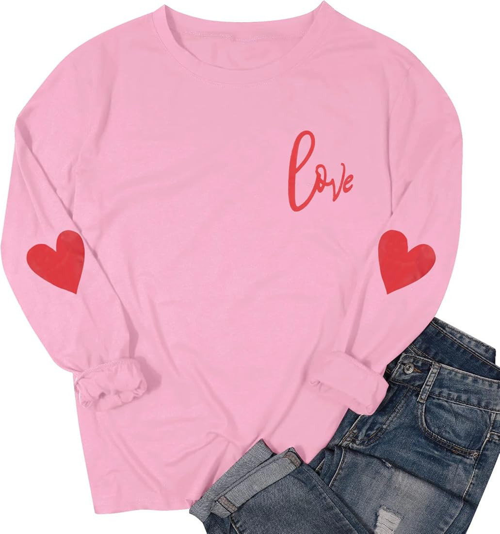 Love Letter Print T Shirt Women Funny Valentine's Day Tee Shirt Love Heart Graphic Long Sleeve To... | Amazon (US)