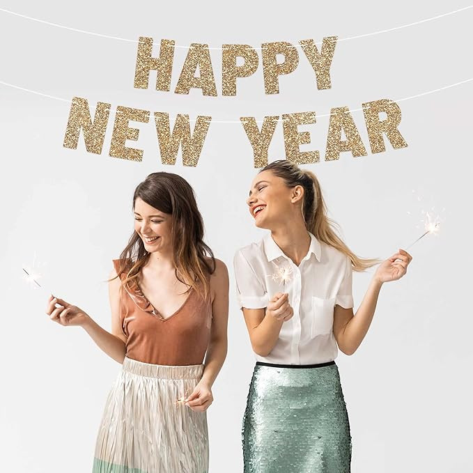 Pre-strung Happy New Year Banner - No DIY - Gold Glitter New Years Eve Party Banner - Pre-strung ... | Amazon (US)