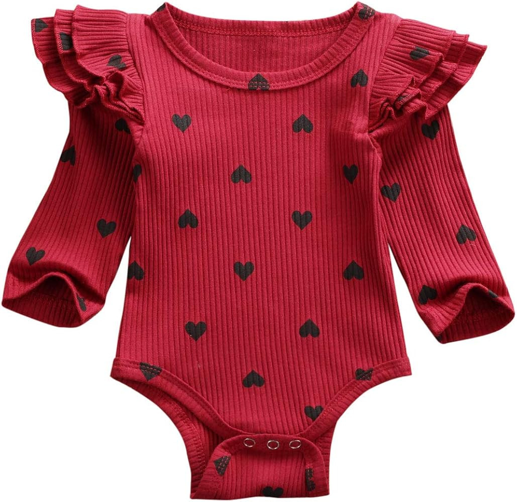 Newborn Baby Girl Ruffle Romper Ribbed Bodysuit Long Sleeve Heart Clothes | Amazon (US)