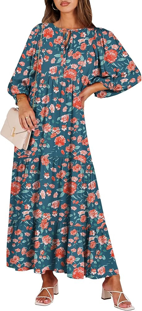 ANRABESS Womens Boho Maxi Dresses 2026 Summer V Neck Puff Sleeve Floral Flowy Swing Fall Casual L... | Amazon (US)