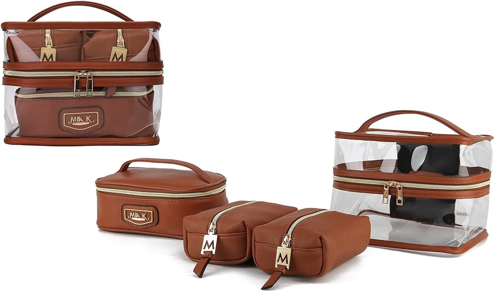 MKF 4PCS Stylish Cosmetic Bag Portable Makeup Travel Organizer Case Cognac | Amazon (US)