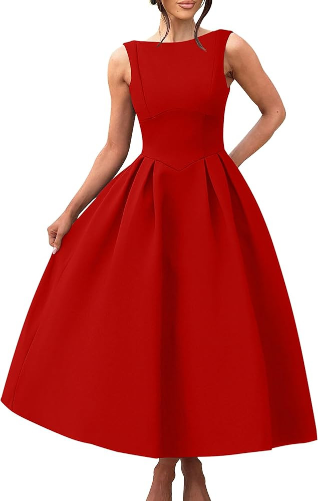 YMDUCH Women's Elegant Sleeveless Crew Neck Backless Swing A Line Evening Party Long Dress | Amazon (US)