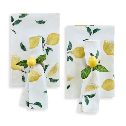 Solino Home Lemon Print Cloth Napkins Set of 4-100% Pure Linen Dinner Napkins 20 x 20 Inch for Spring, Easter - Machine Washable - Botanical Lemon/Off White Print | Amazon (US)