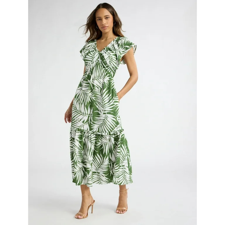 Sofia Jeans Women's and Women's Plus V Neck Dress with Flutter Sleeves, Below Calf Length, Sizes ... | Walmart (US)