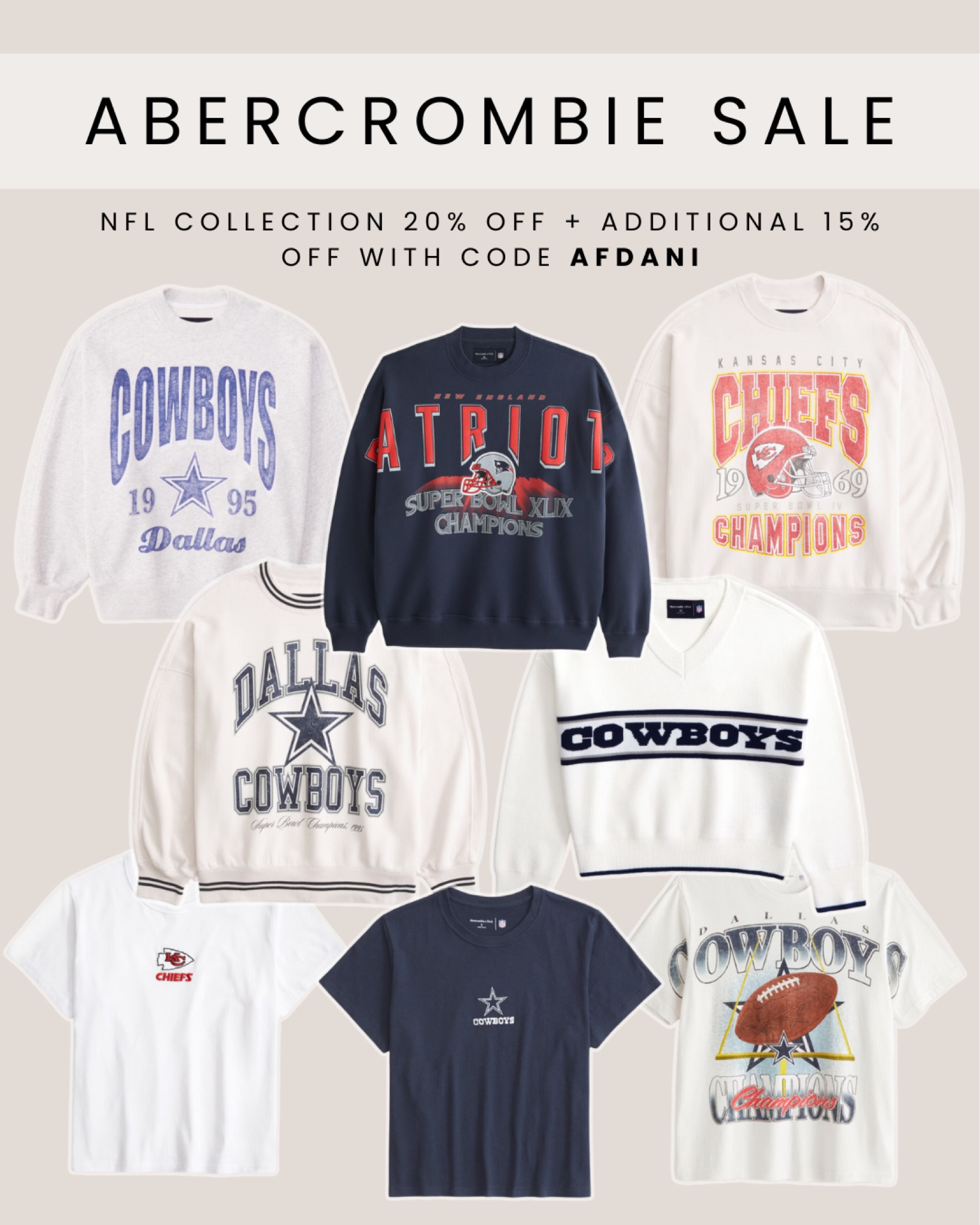 Abercrombie sale! 20% off NFL collection, 15% off almost everything else + an extra 15% off with my code AFDANI 🤗🏈

#LTKBacktoSchool #LTKFindsUnder100 #LTKSaleAlert
