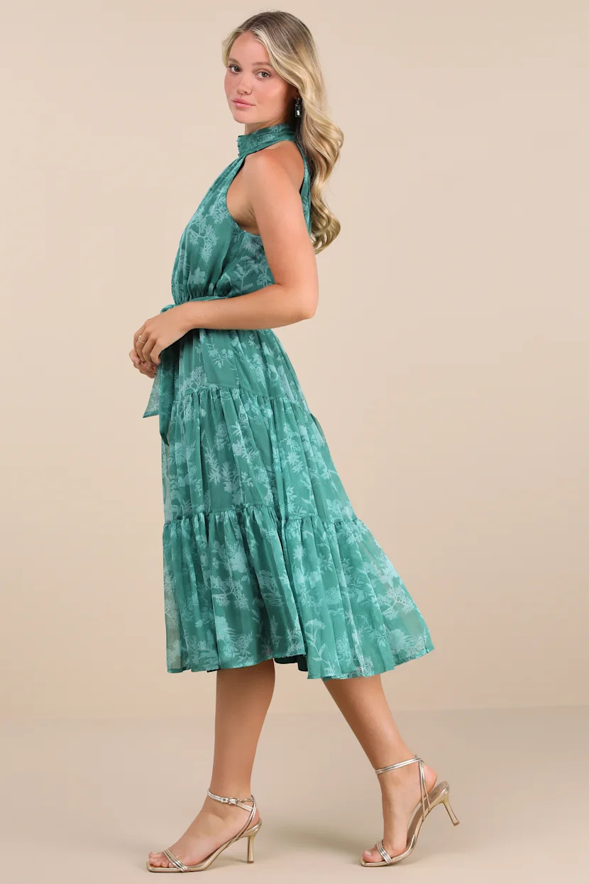 Float to You Green Floral Print Halter Tiered Midi Dress | Lulus