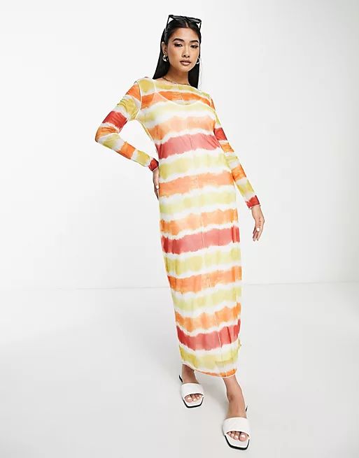 Vila mesh midi dress in tie dye orange stripe | ASOS (Global)