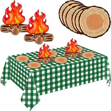 Camping Party Decoration Set Includes 2 Inflatable Fake Campfire Props 16 Wooden Slice Paper Plac... | Amazon (US)