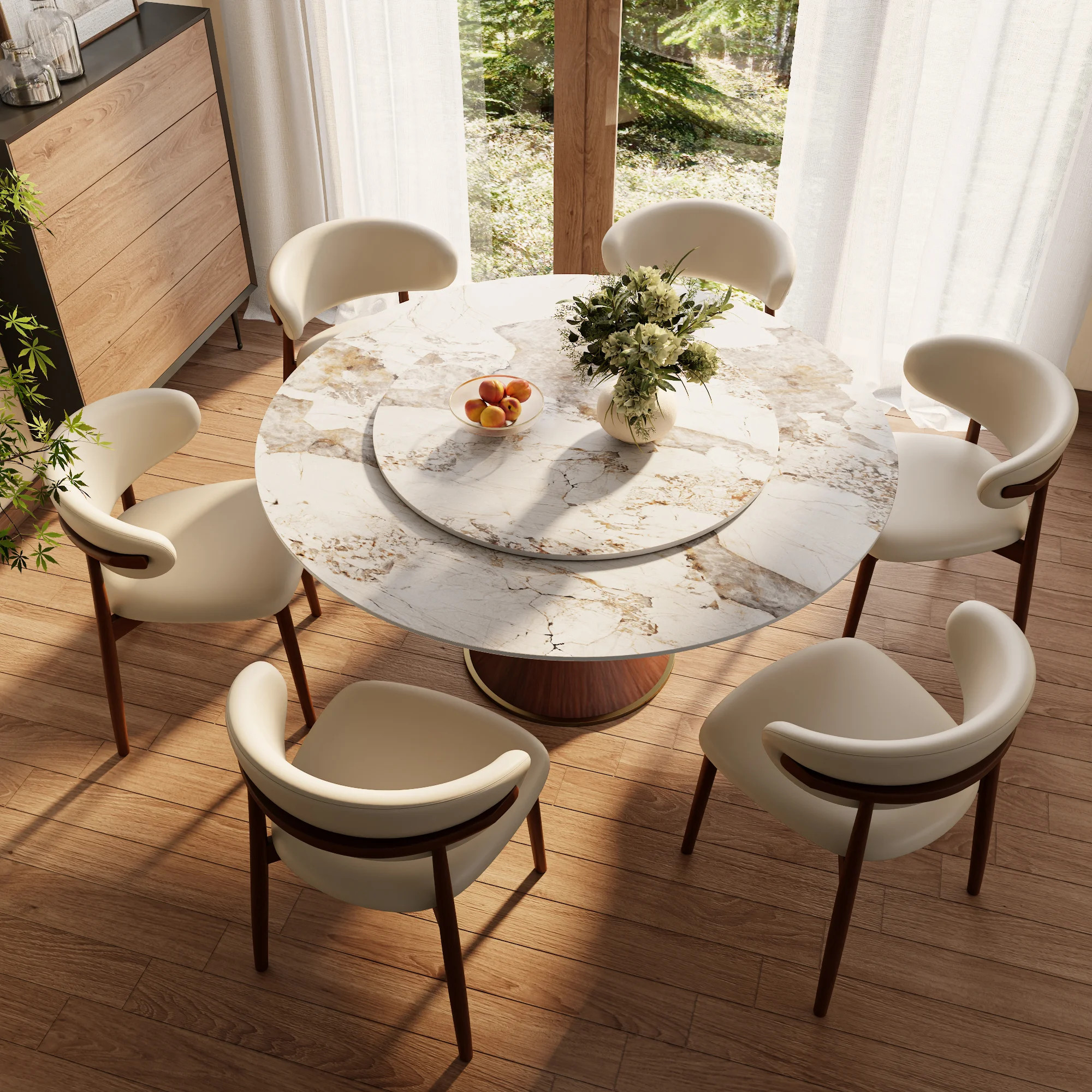 Round Dining Elegant Sintered Stone Table Set With Rotating Lazy Susan And 6 Upholstered PU Chairs For 4-8 | Wayfair North America