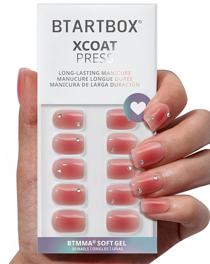 BTArtbox Press On Nails Short - Lamp-Curable Rhinestone Blush Red Square Press On Nails with Glue... | Amazon (US)