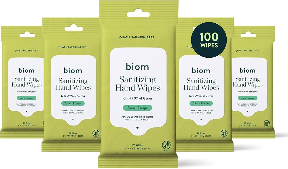 Biom Hand Sanitizing Wipes -Travel Size 5-pack(100 Wipes) 65% Ethanol Alcohol, Kills 99.9% of Ger... | Amazon (US)