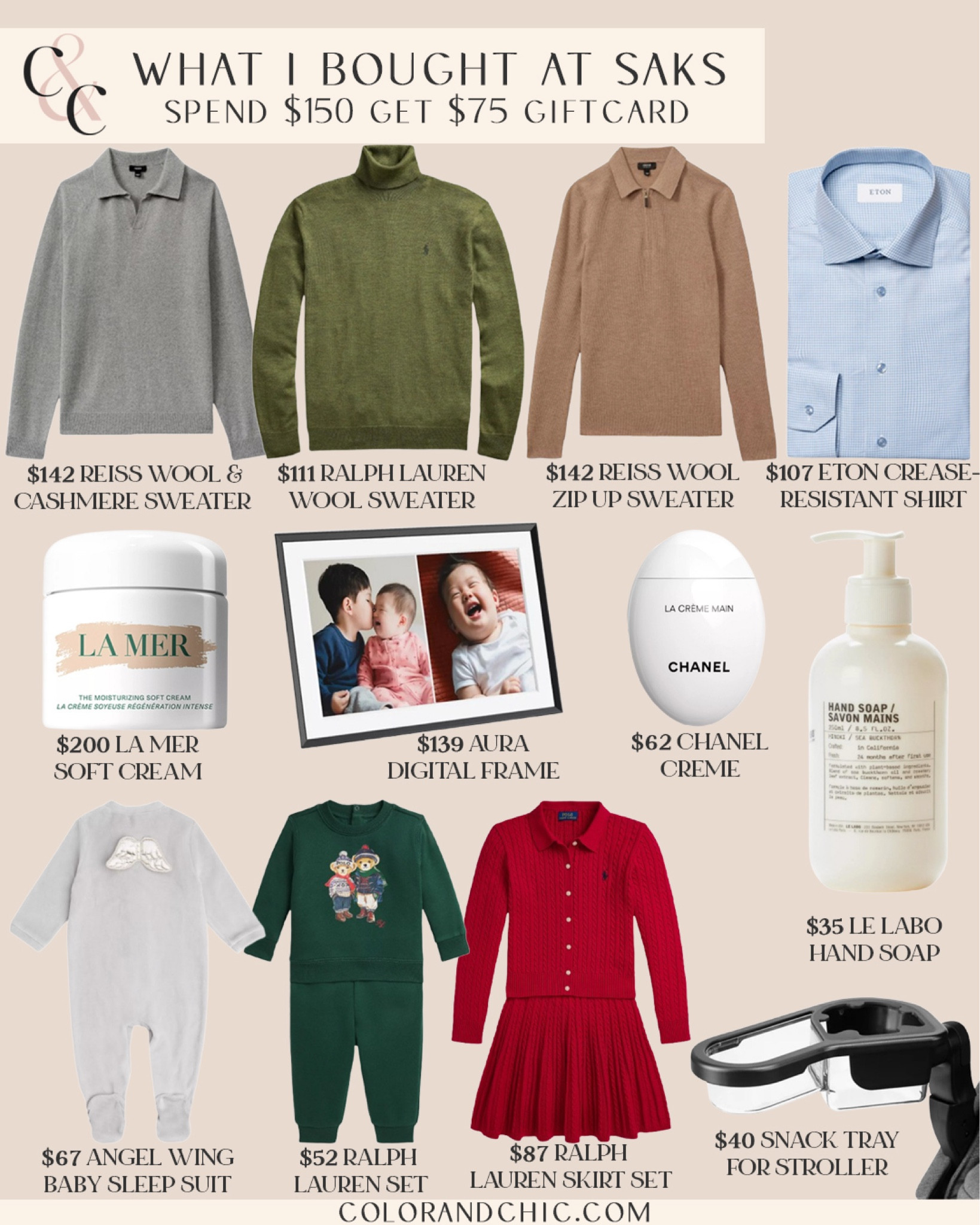 What I bought at Saks during their $75 Giftcard promotion! Spend just $150 and get a $75 Giftcard. From Reiss sweaters and Eton dress sheets for men to Ralph Lauren for babies and toddlers, Saks has a great price on these items  

#LTKGiftGuide #LTKCyberWeek #LTKHoliday
