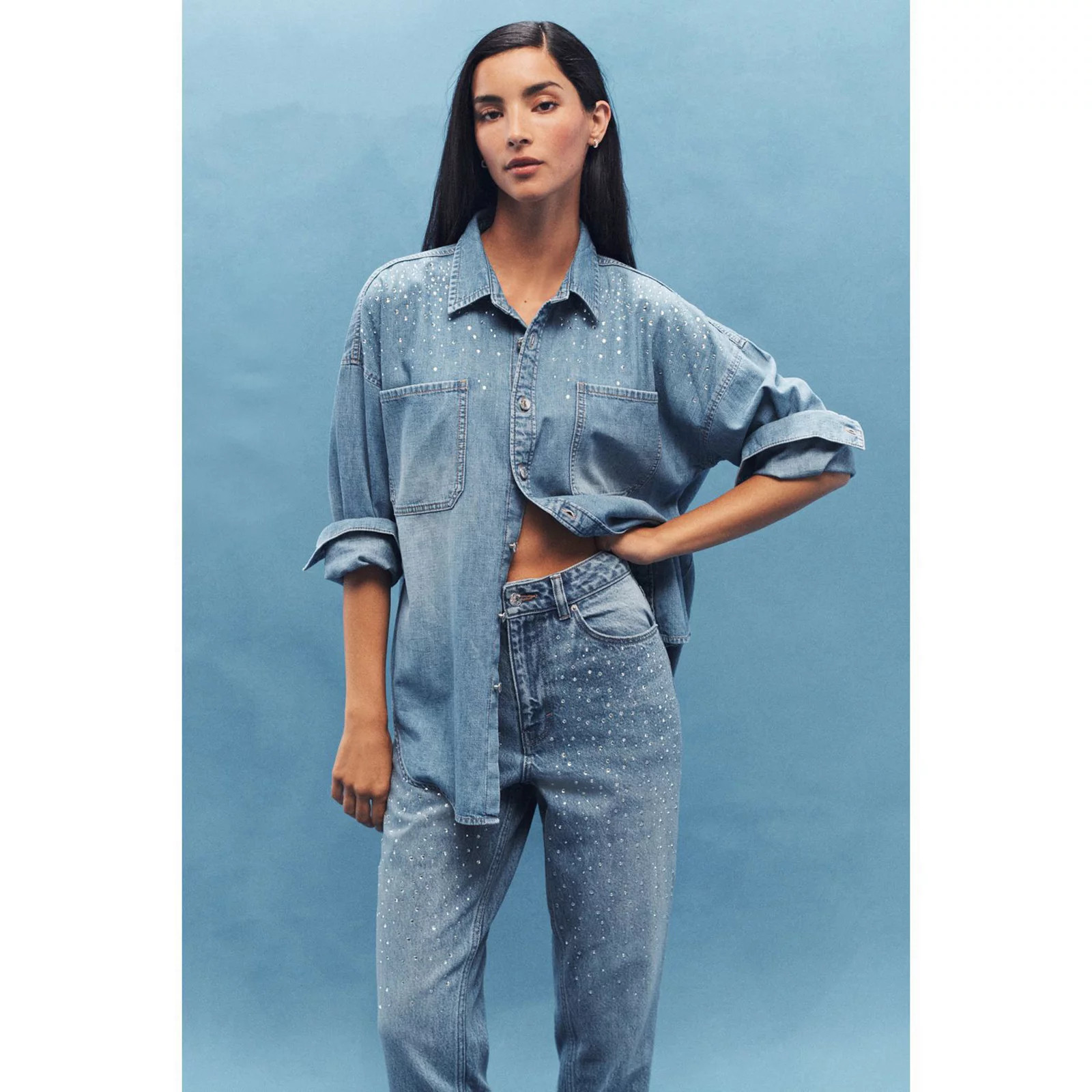 Women's NEXT Denim Diamante Shirt, Size: Small, Mid Blue | Kohl's