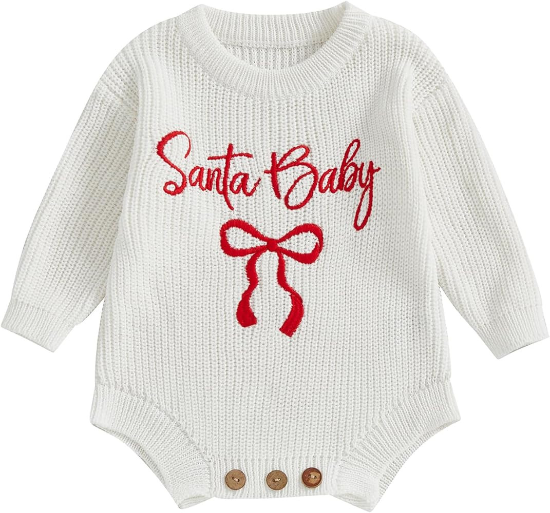 Newborn Baby Girl Christmas Sweater Santa Baby Bow Embroidery Knit Romper Jumpsuit Bodysuit Fall ... | Amazon (US)