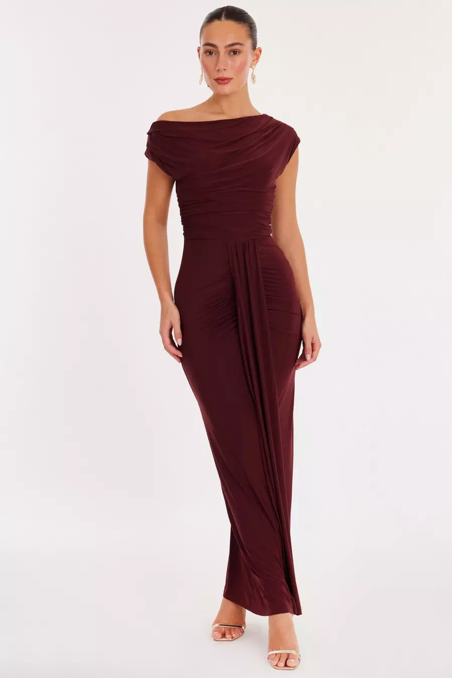 Dark Red Off Shoulder Ruched Maxi Dress | Quiz Clothing