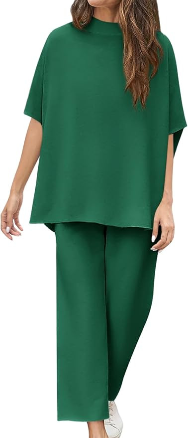 Yousify Women's Two Piece Outfits Crew Neck Pullover Tops 3/4 Batwing Sleeve Capelet Wide Leg Pan... | Amazon (US)