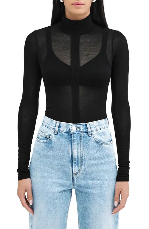 Marcella Amsterdam Sheer Jersey Turtleneck Top in Black at Nordstrom, Size X-Large | Nordstrom