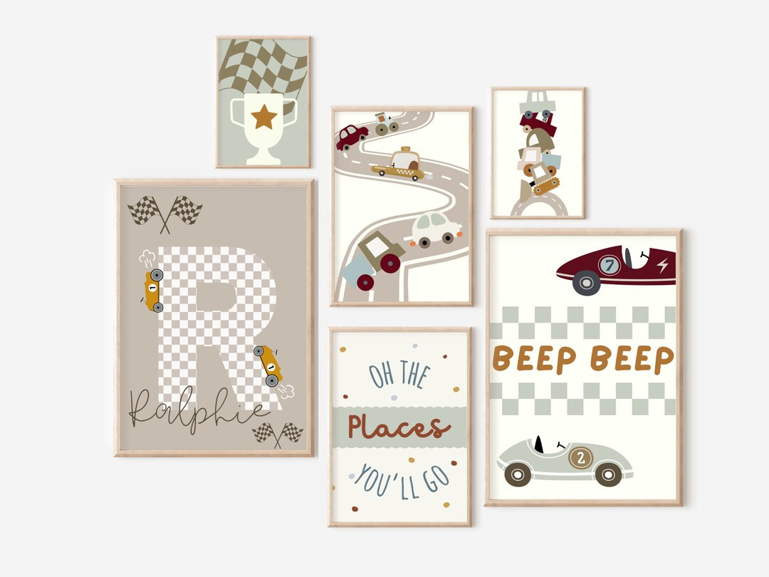 Set of race car and vehicle gallery wall prints for a bedroom, playroom or nursery, including a p... | Etsy (US)
