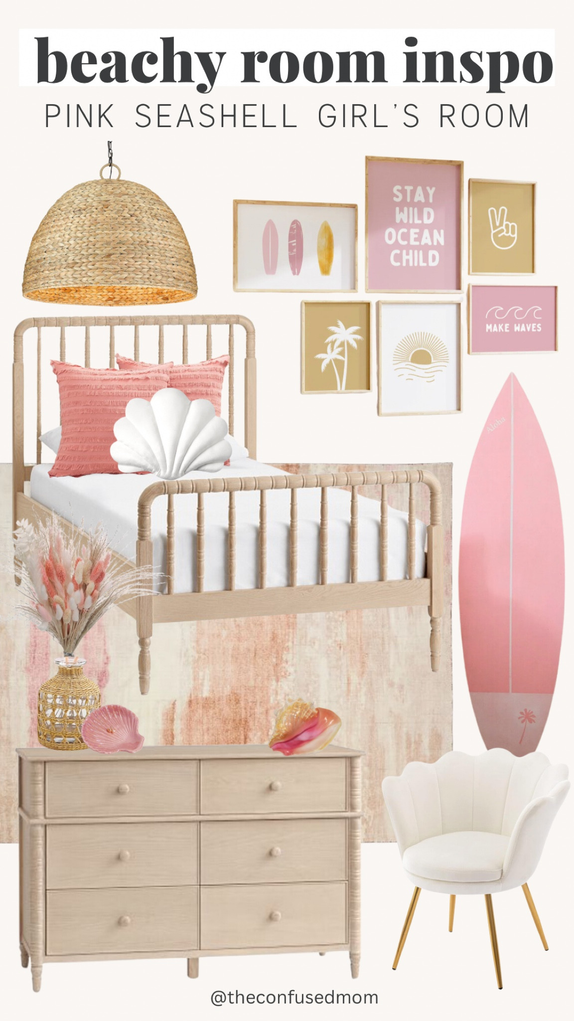 Girls bedroom decor, girls beach room inspo, seashell room, pink, peach, girls rug, surfboard decor, dresser, bed frame, wall decor, beach chandelier, girls throw pillows 

#LTKstyletip #LTKkids #LTKhome