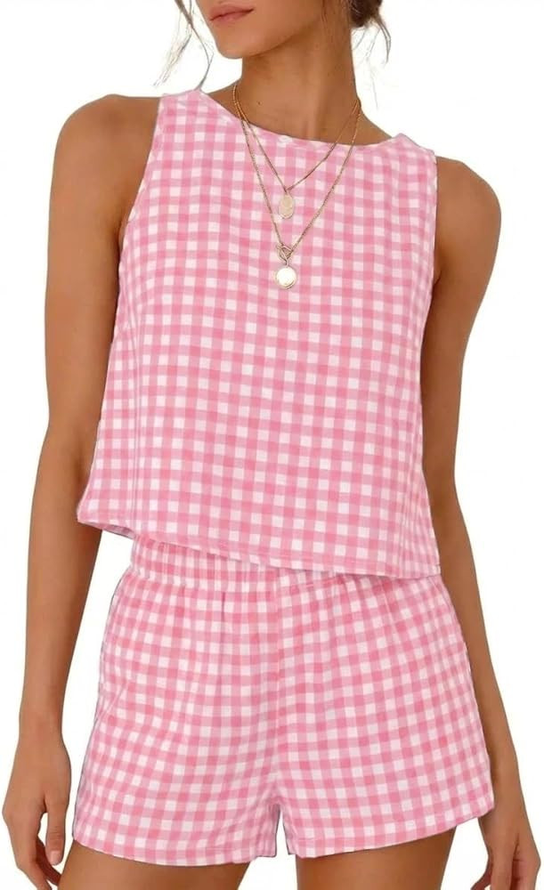IDEALSANXUN Womens Two Piece Sets Summer Beach Spring Gingham Tank Tops and Plaid Shorts Pajama S... | Amazon (US)