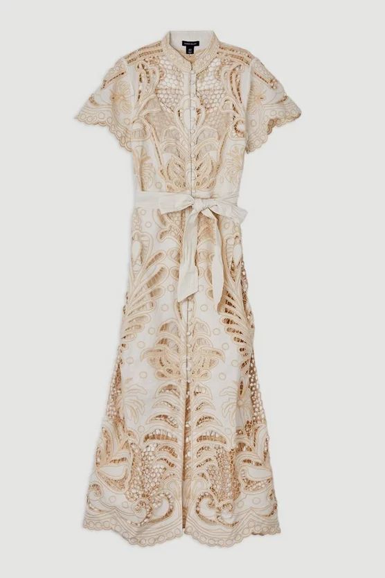 Linen Cutwork Embroidery Woven Midi Dress | Karen Millen US